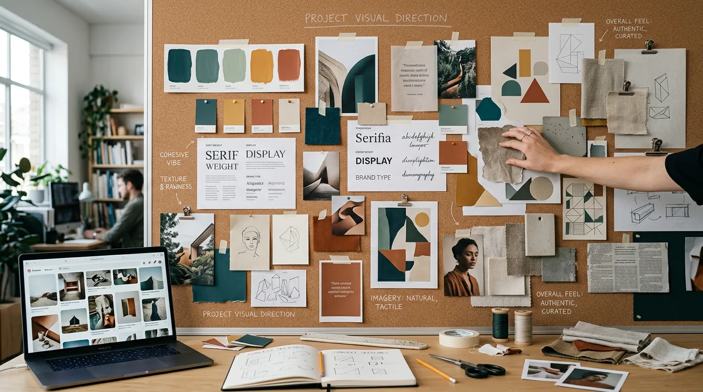 A reference board of photographs, colour swatches and prints pinned to a wall.